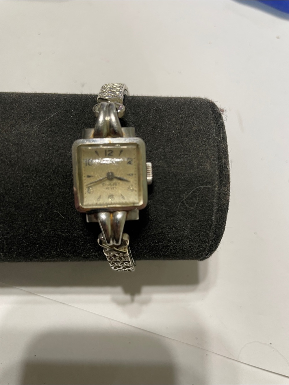 Vintage Eterna Silver-Tone Square Dial Stretch Bracelet Watch.  Needs Battery